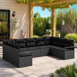 Outdoor Garden Sofa Set 9 Piece Black Poly Rattan Patio Furniture with Cushions