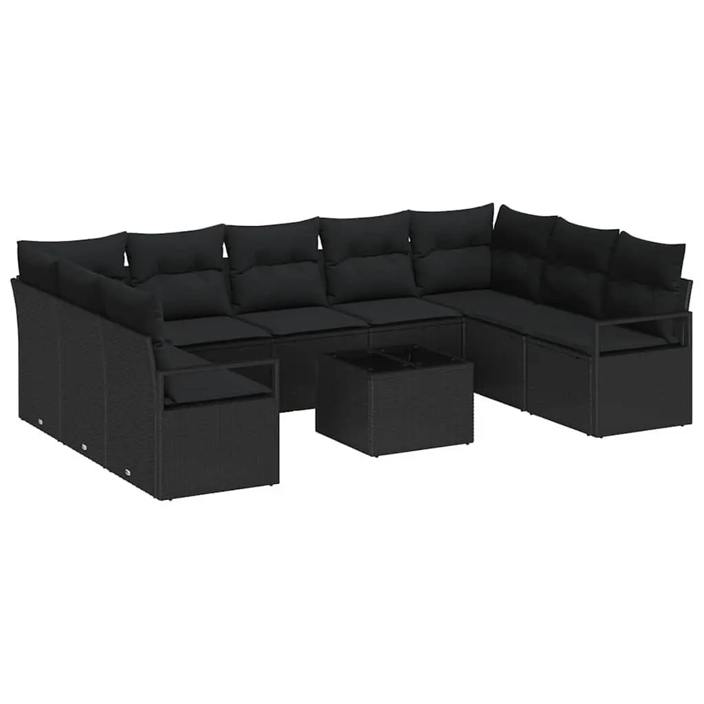 Outdoor Garden Sofa Set Black Poly Rattan 10 Piece with Cushions