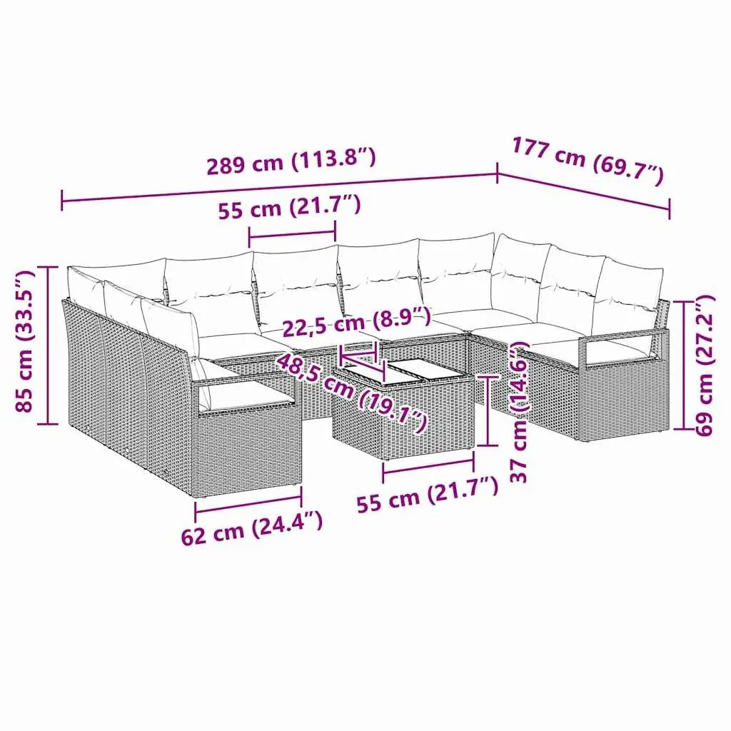Outdoor Garden Sofa Set Black Poly Rattan 10 Piece with Cushions