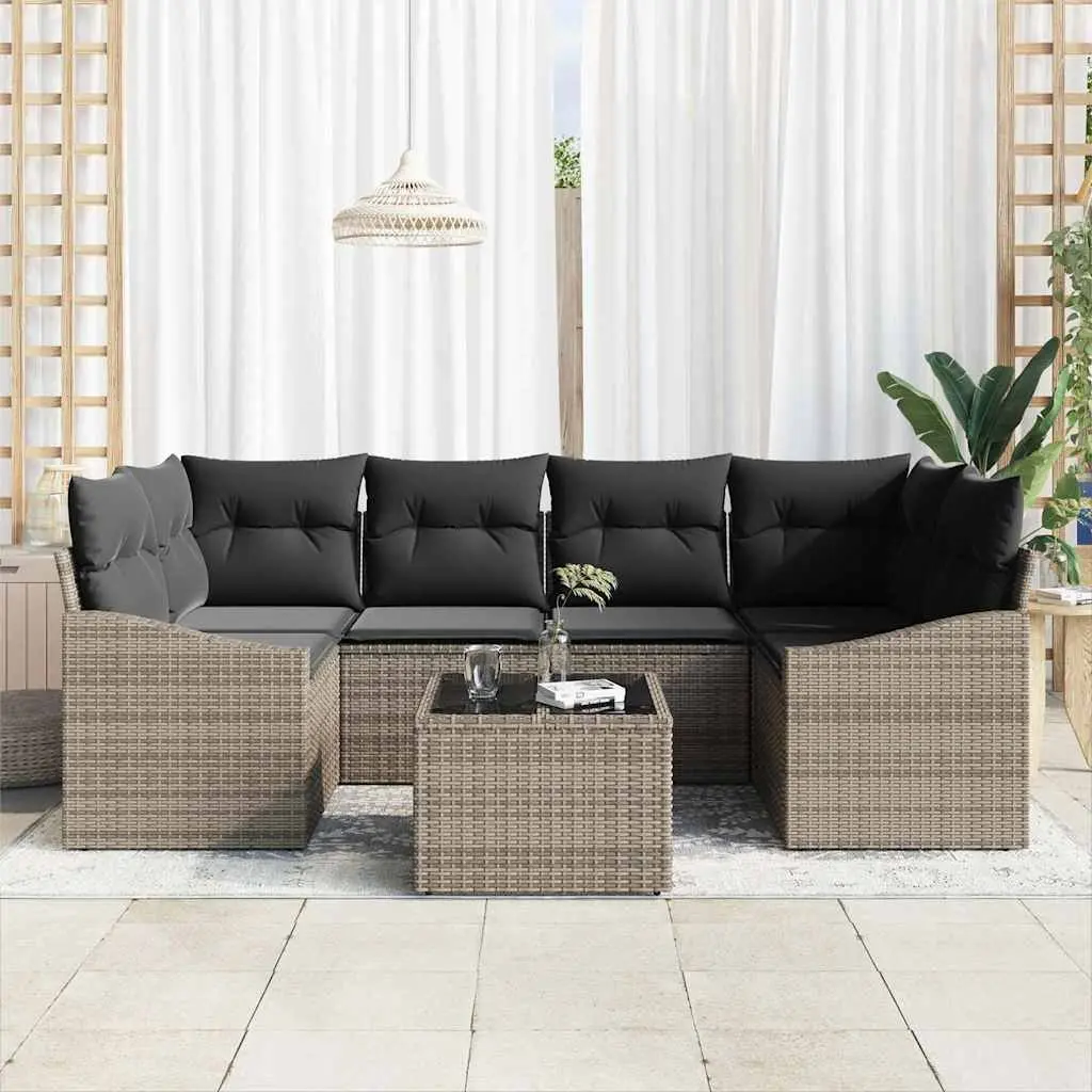 Outdoor Sofa Set Modular Garden Furniture 7 Pieces Grey Poly Rattan with Storage
