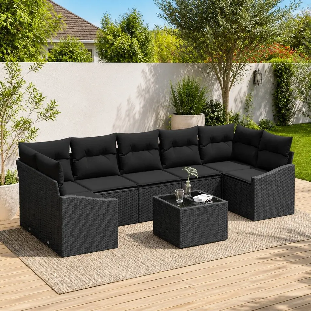 Outdoor Sofa Set Modular Black Poly Rattan 8 Piece with Cushions and Storage
