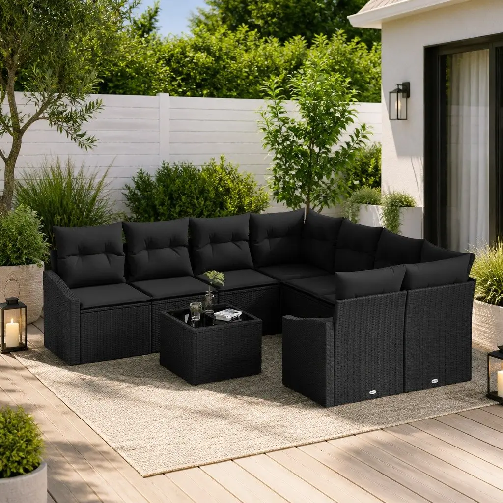 Modular Garden Seating Set 9 Pieces Outdoor Sofa Poly Rattan with Storage Table Black