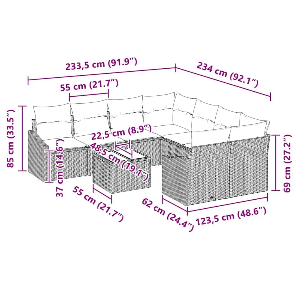 Modular Garden Seating Set 9 Pieces Outdoor Sofa Poly Rattan with Storage Table Black