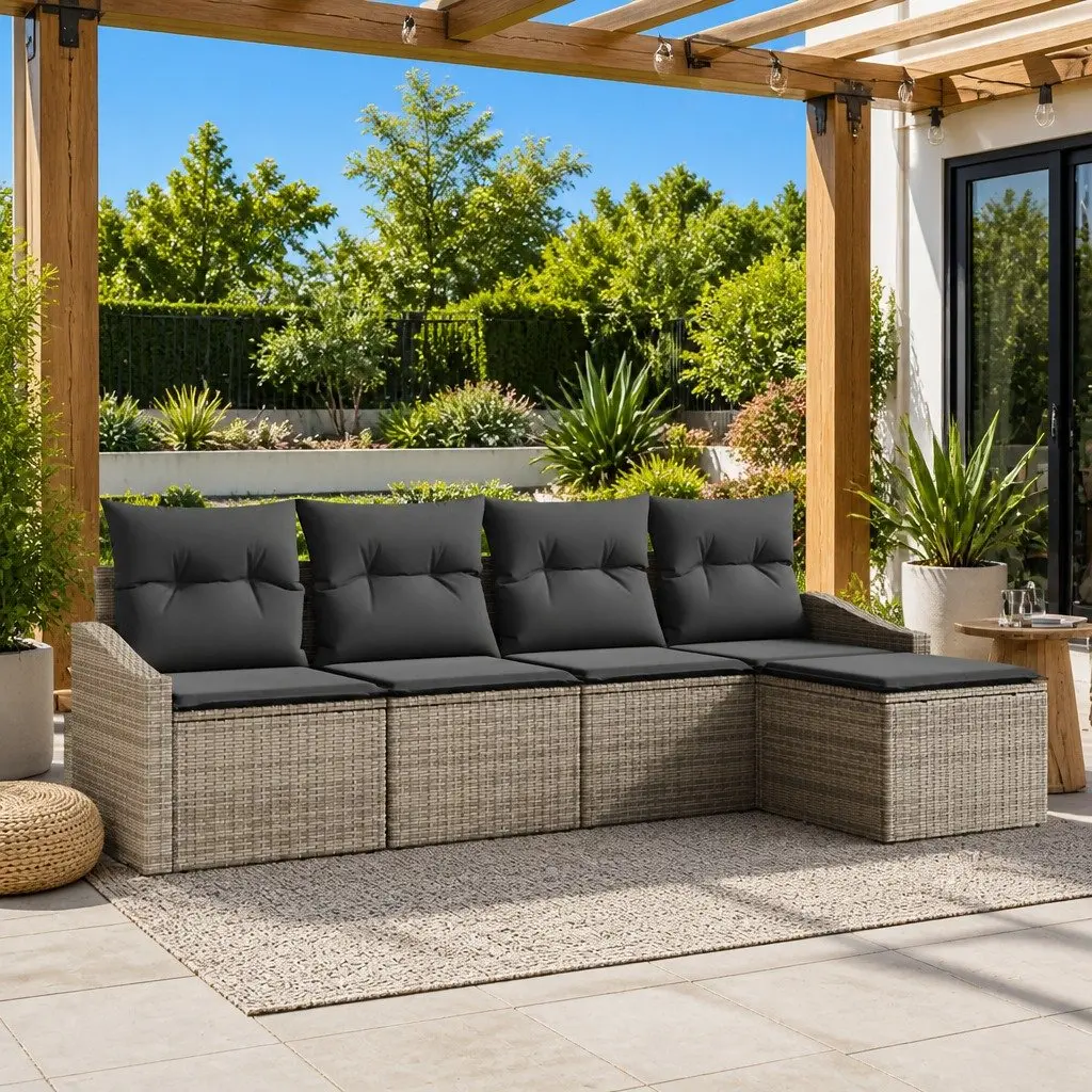 Modular Outdoor Sofa Set 5 Piece Grey Poly Rattan Garden Furniture with Cushions