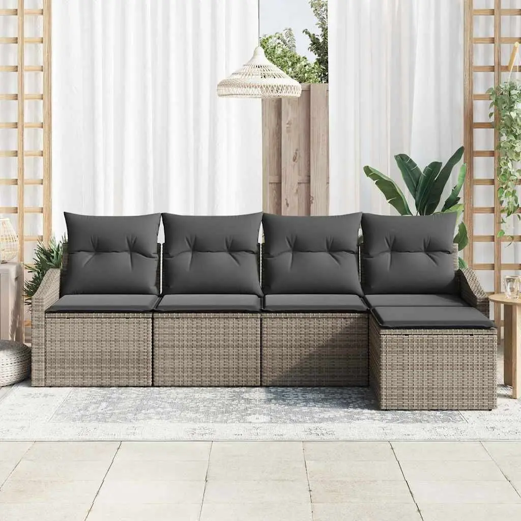 Modular Outdoor Sofa Set 5 Piece Grey Poly Rattan Garden Furniture with Cushions