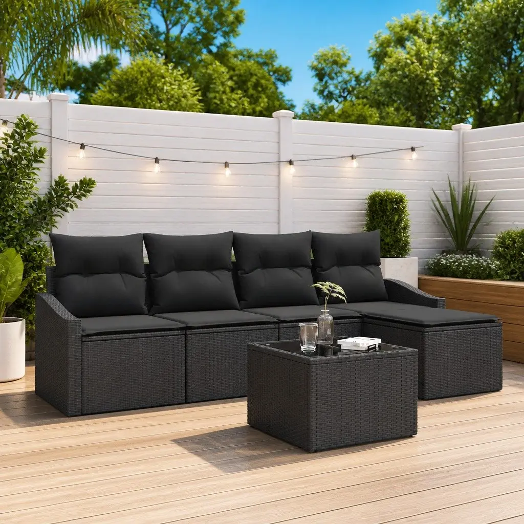 Outdoor Sofa Set Modular Black Poly Rattan 6 Piece Garden Furniture