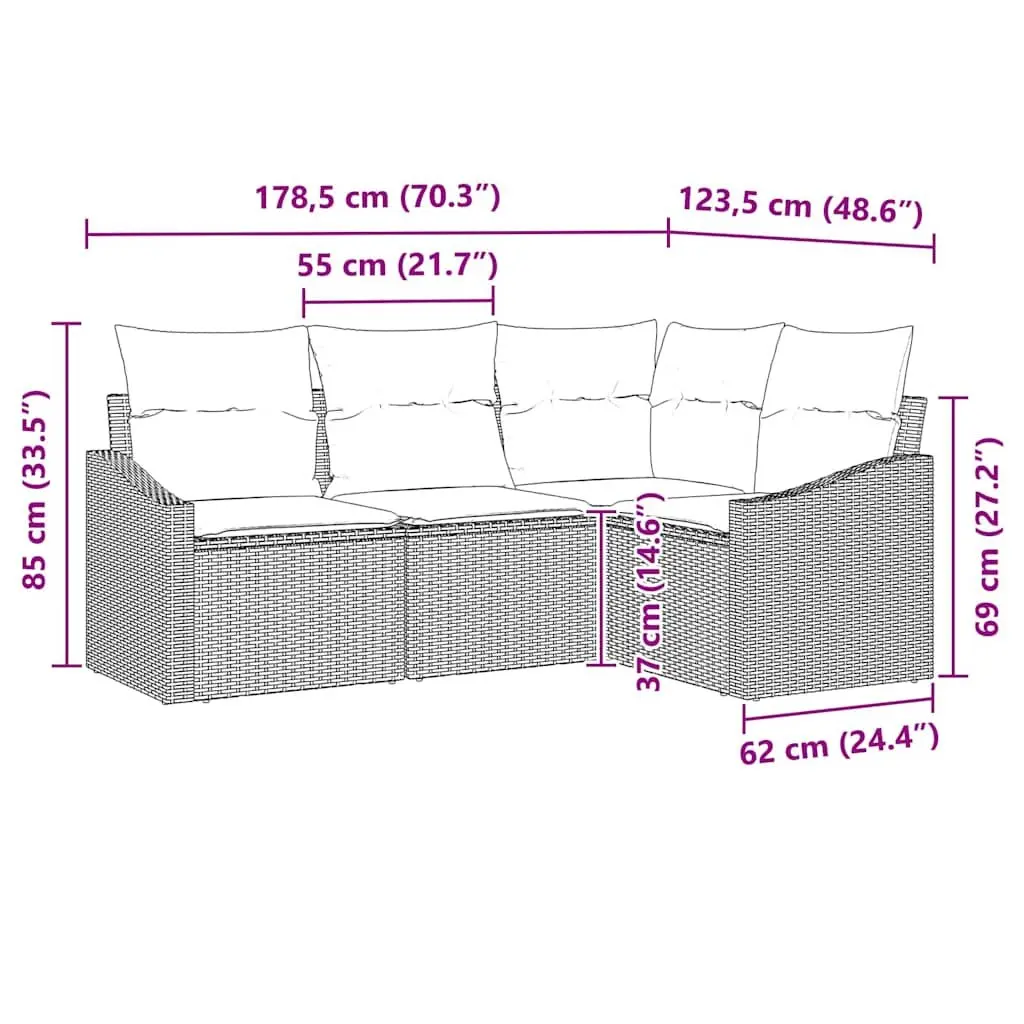 Outdoor Garden Sofa Set 4 Piece Black Poly Rattan Patio Furniture Seating