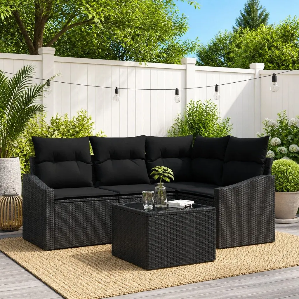 5 Piece Corner Sectional Sofa Set for Outdoor Garden Black Poly Rattan Furniture