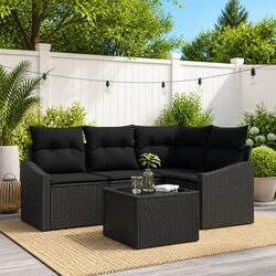 Outdoor Garden Sofa Set 5 Piece Black Poly Rattan Corner Sectional Furniture