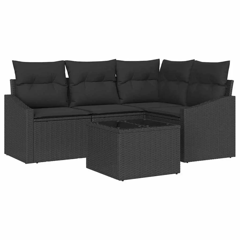 5 Piece Corner Sectional Sofa Set for Outdoor Garden Black Poly Rattan Furniture