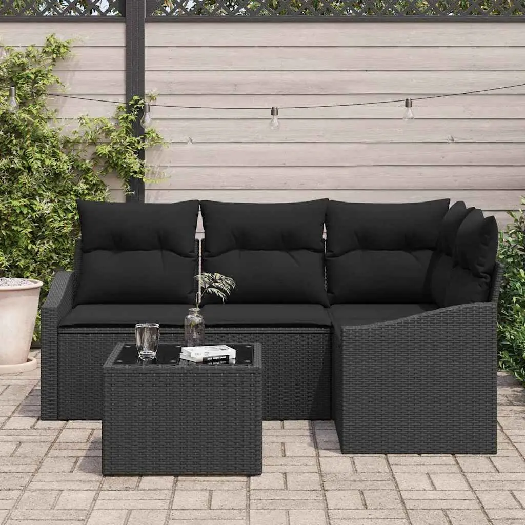 5 Piece Corner Sectional Sofa Set for Outdoor Garden Black Poly Rattan Furniture