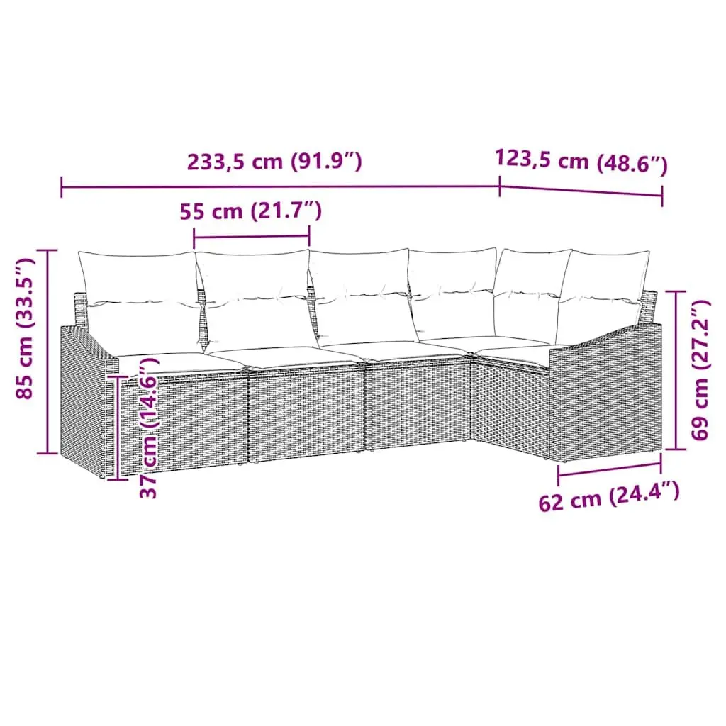 Outdoor Garden Sofa Set Grey Poly Rattan 5 Piece Modular Seating