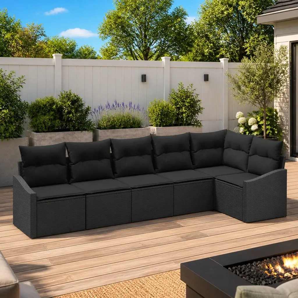 Outdoor Garden Sofa Set 6 Pieces Black Poly Rattan Patio Furniture with Storage