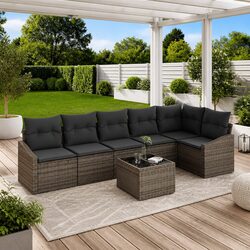 Outdoor Garden Sofa Set 7 Piece Light Grey Poly Rattan Patio Seating Suite