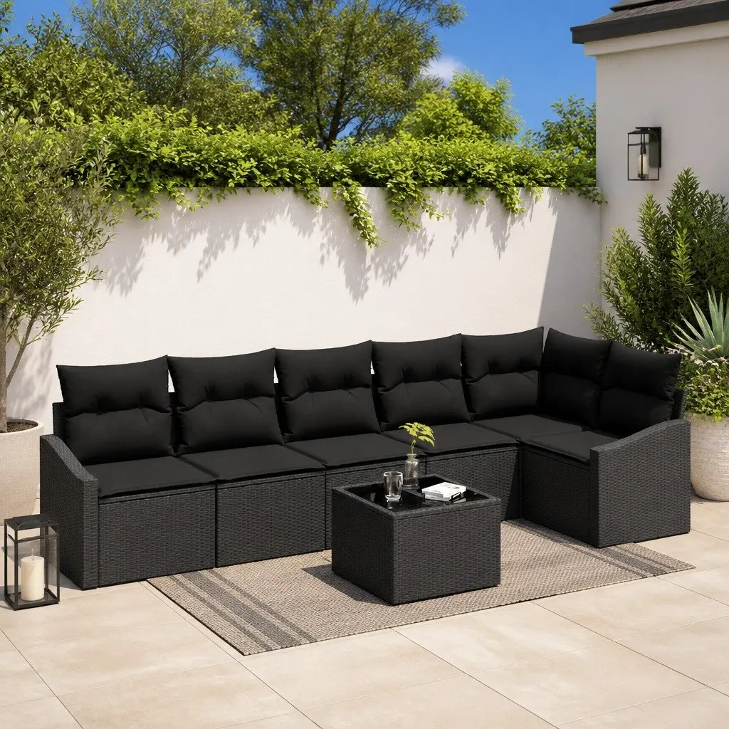 Outdoor Garden Sofa Set 7 pcs Black Poly Rattan Patio Furniture Lounge Suite