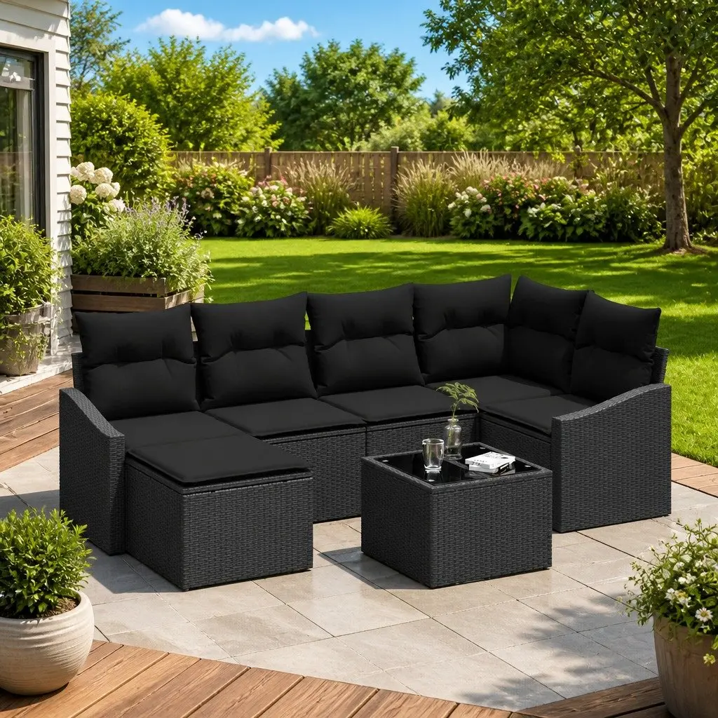Garden Dining Set 7 Piece Black Outdoor Patio Furniture with Storage Benches