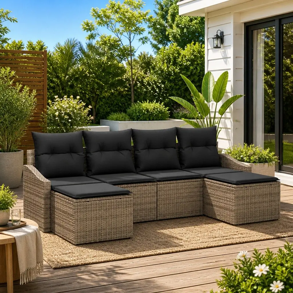 Garden Dining Set Grey Poly Rattan Outdoor Table Chairs 6 Piece