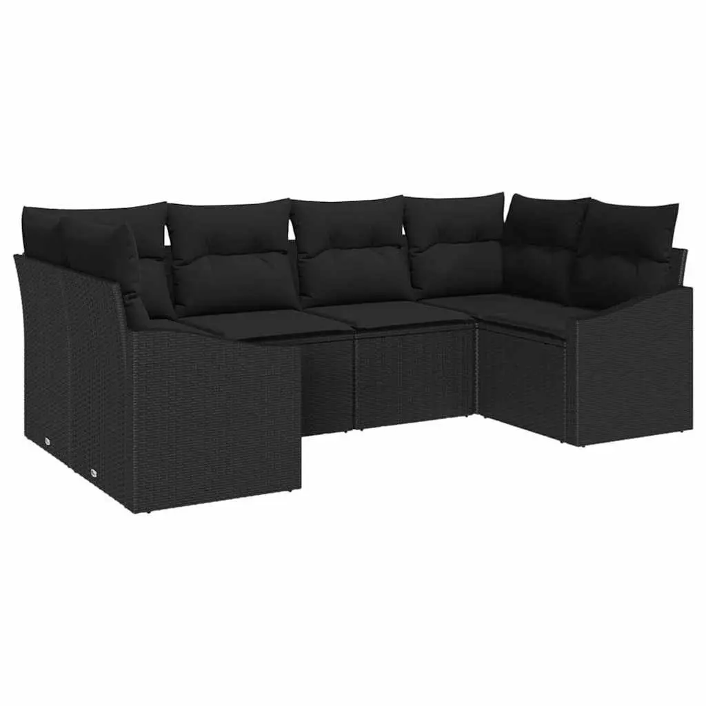 Outdoor Sofa Set 6 Piece Modular Garden Seating Black Poly Rattan Acacia Wood