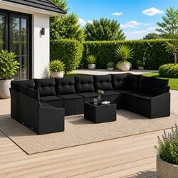 Modular Garden Sofa Set with Storage Black Poly Rattan Outdoor Patio Furniture