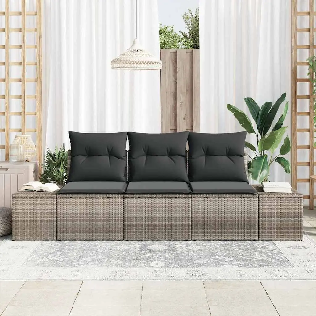3 Piece Modular Outdoor Sofa Set Grey Poly Rattan with Storage and Acacia Wood Accents