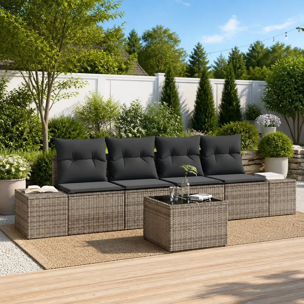 Poly Rattan Garden Sofa Set 5 Piece Outdoor Furniture with Glass Table Grey