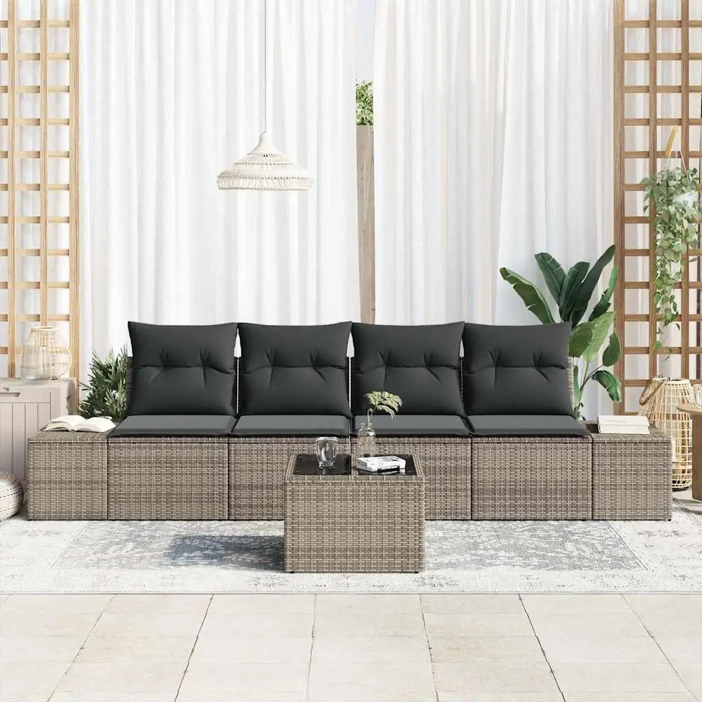 Poly Rattan Garden Sofa Set 5 Piece Outdoor Furniture with Glass Table Grey