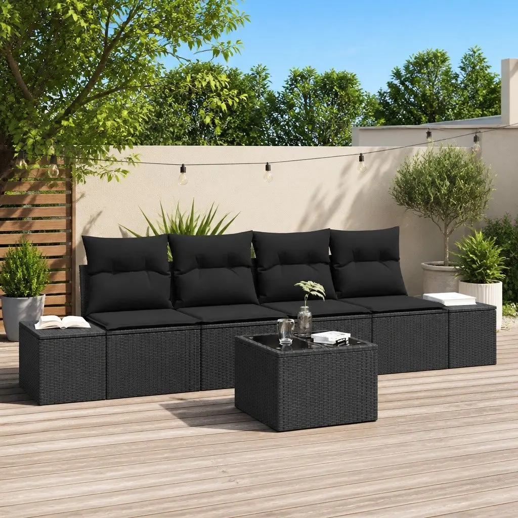 5 Piece Modular Outdoor Sofa Set Black Poly Rattan Patio Furniture with Cushions