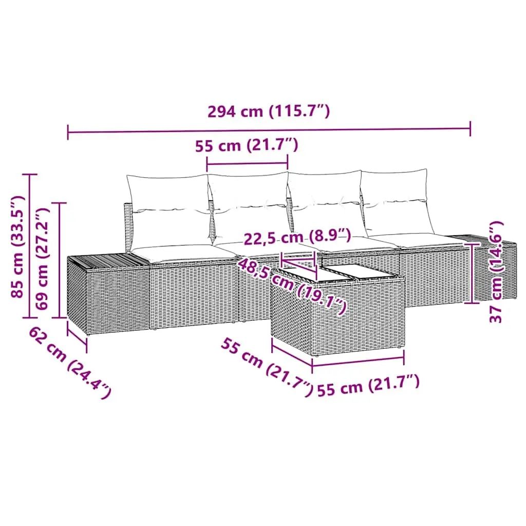 5 Piece Modular Outdoor Sofa Set Black Poly Rattan Patio Furniture with Cushions