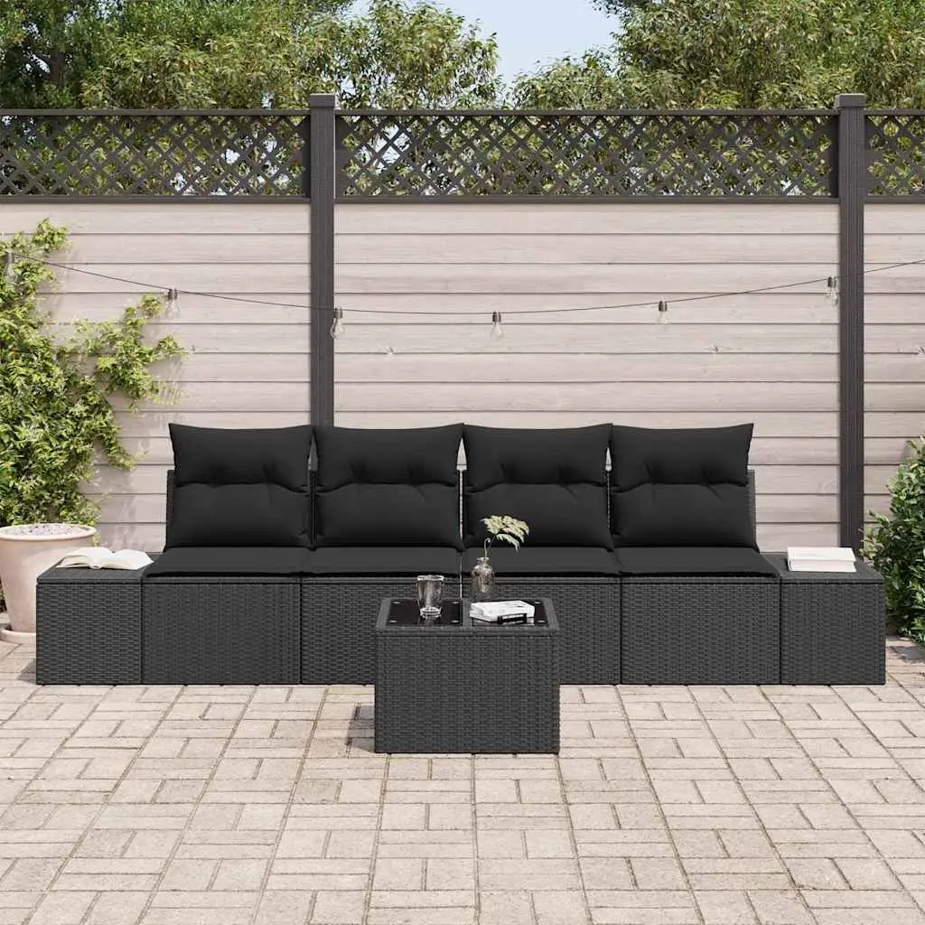 5 Piece Modular Outdoor Sofa Set Black Poly Rattan Patio Furniture with Cushions