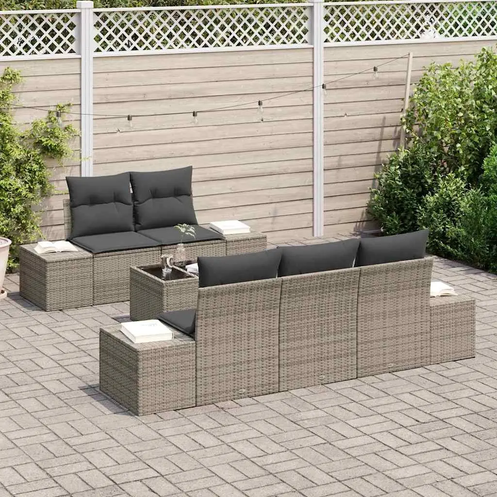 Garden Sofa Set Poly Rattan Grey 6 Piece Outdoor Furniture with Glass Table