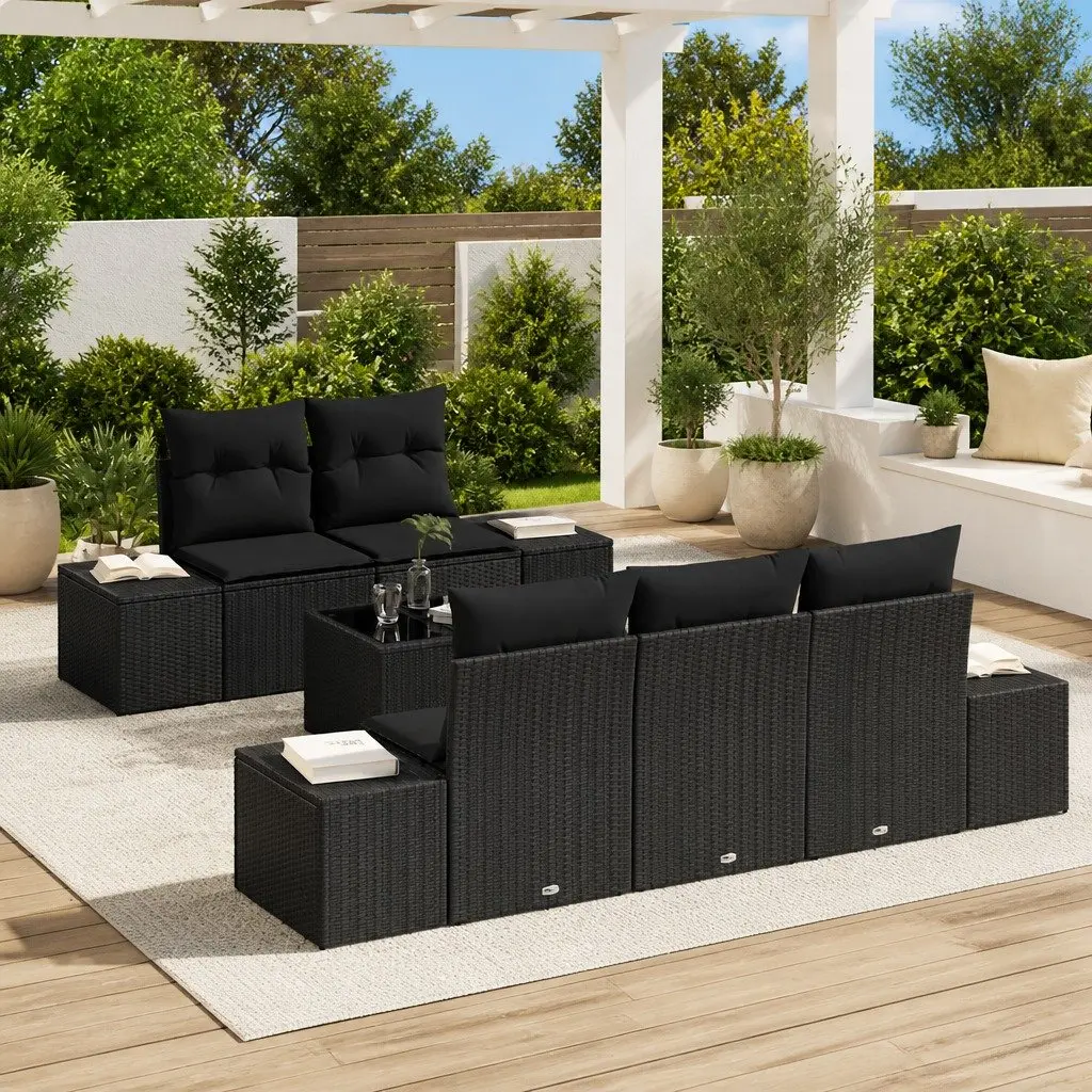 Outdoor Furniture Set 6 Pieces Black Poly Rattan Sofa with Cushions and Adjustable Glass Table for Patio Garden