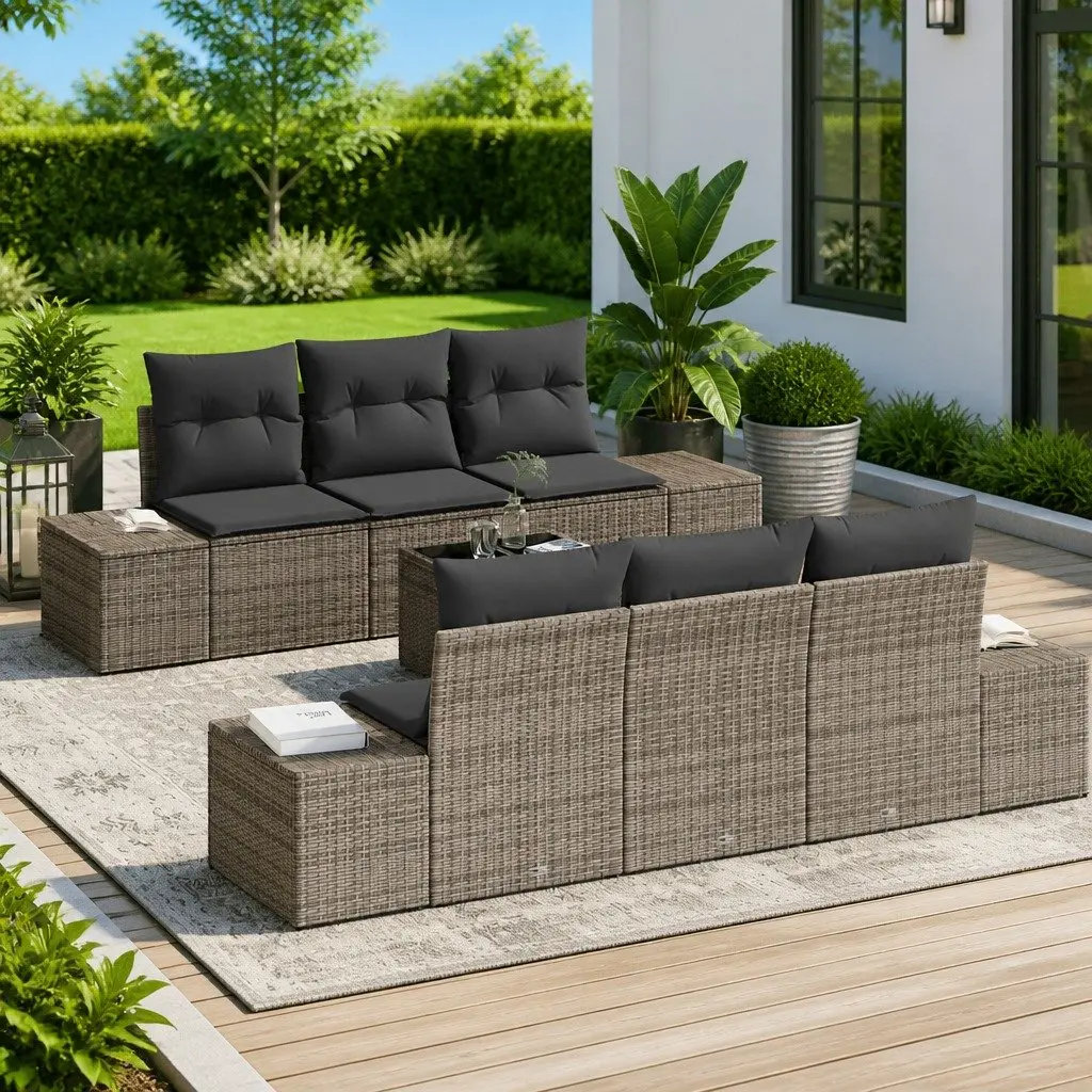 Outdoor Rattan Sofa Set 8 Pieces Grey Adjustable Height with Cushions and Glass Top