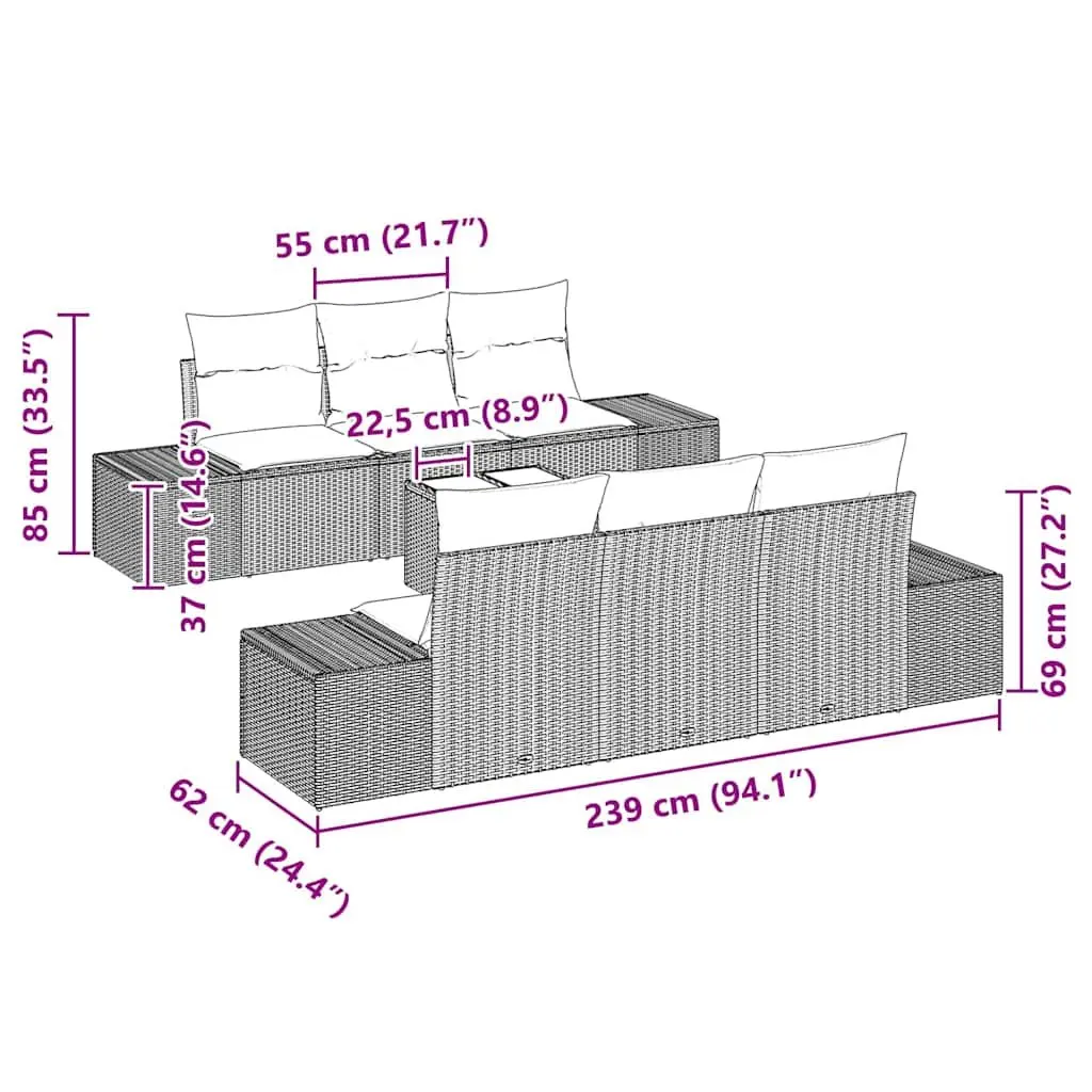 Outdoor Rattan Sofa Set 8 Pieces Grey Adjustable Height with Cushions and Glass Top