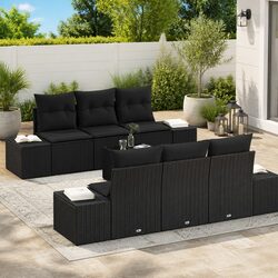 Outdoor Garden Sofa Set 8 Piece Black Poly Rattan with Cushions Glass Table