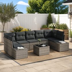 8 Piece Grey Poly Rattan Garden Sofa Set Modular Outdoor Furniture with Glass
