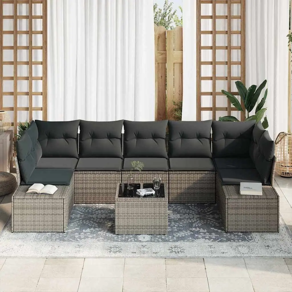 8 Piece Grey Poly Rattan Garden Sofa Set Modular Outdoor Furniture with Glass