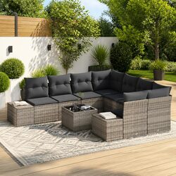 Poly Rattan Garden Sofa Set with Cushions 9 pcs Grey Outdoor Patio Furniture