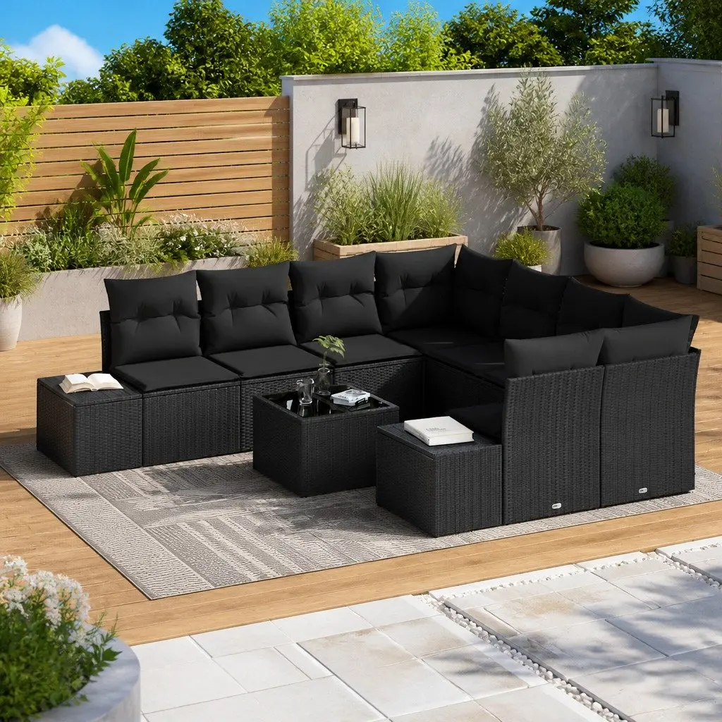 9PieceGardenSofaSetPolyRattanBlackPatioLoungeWeatherResistantFlexibleConfiguration