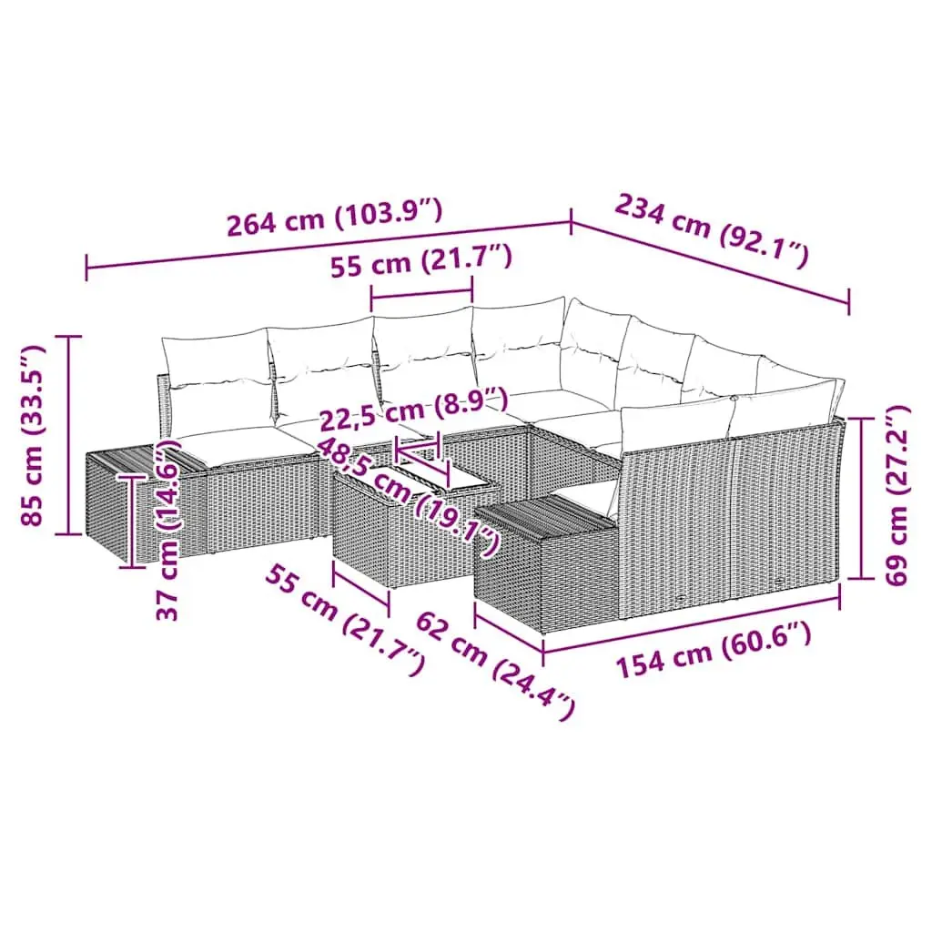 9PieceGardenSofaSetPolyRattanBlackPatioLoungeWeatherResistantFlexibleConfiguration