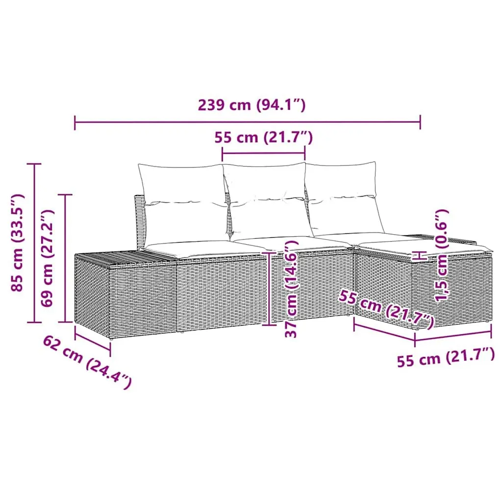 Garden Sofa Set 4 Pieces Black Outdoor Furniture Modular Patio Rattan Seating
