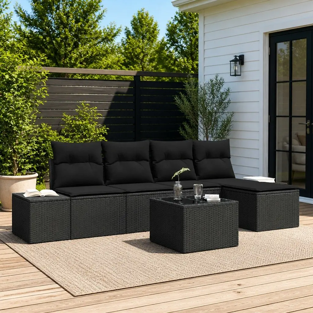 Outdoor Garden Sofa Set 5 pcs Black Modular Seating Storage Poly Rattan Lounge