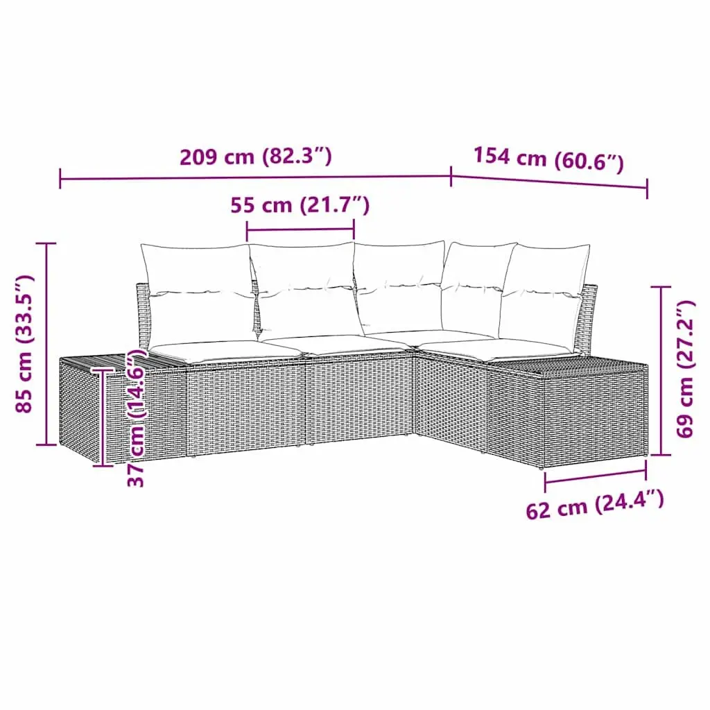 Modular Garden Sofa Set Black Poly Rattan 4 Piece Outdoor Furniture