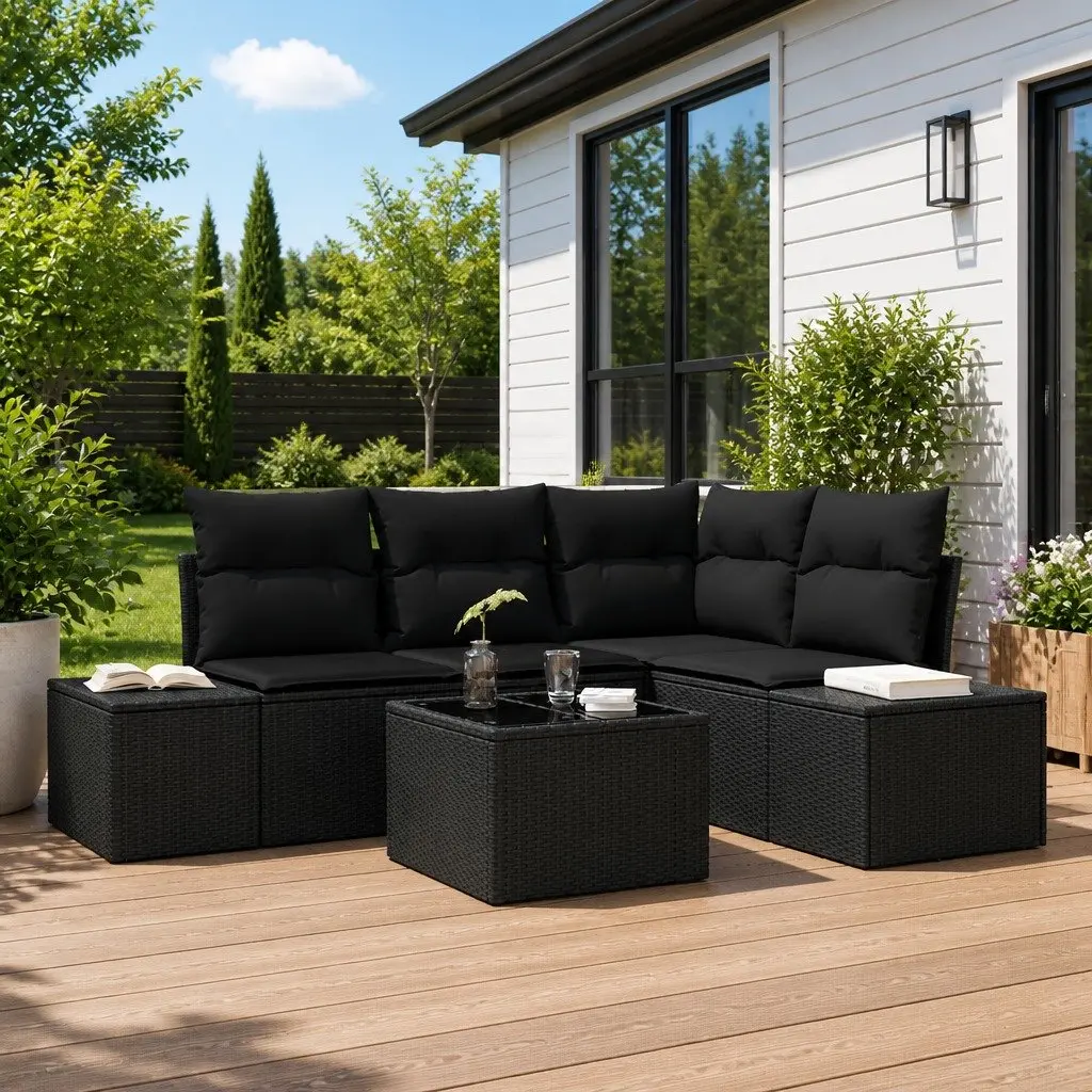 Outdoor Furniture Modular Sofa Set Black Poly Rattan with Storage for Garden Patio