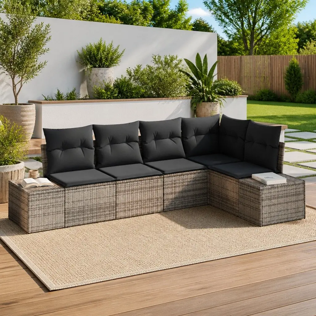 5 Piece Modular Outdoor Sofa Set Grey with Storage Poly Rattan and Acacia Wood for Patio and Garden Relaxation