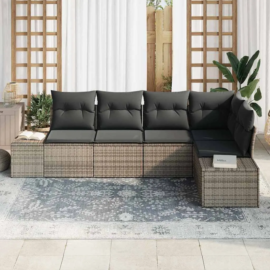5 Piece Modular Outdoor Sofa Set Grey with Storage Poly Rattan and Acacia Wood for Patio and Garden Relaxation