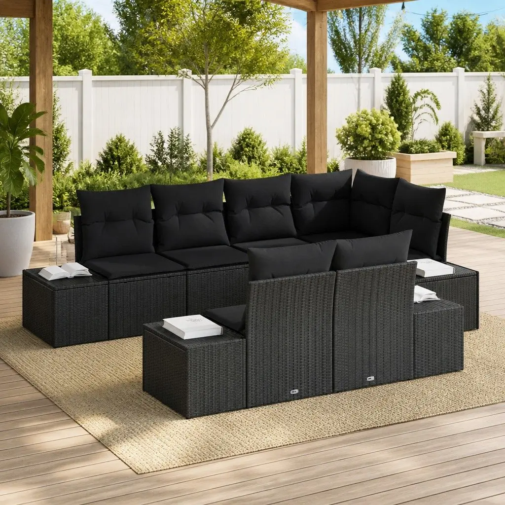 Modular Garden Sofa Set 7 Pieces Black Poly Rattan Outdoor Seating