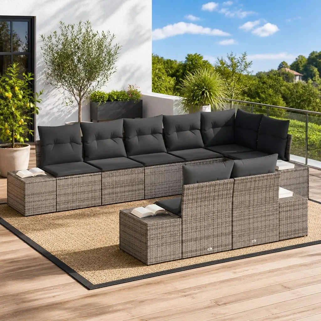 Outdoor Furniture Modular Garden Sofa Set Grey Poly Rattan 8 Pieces