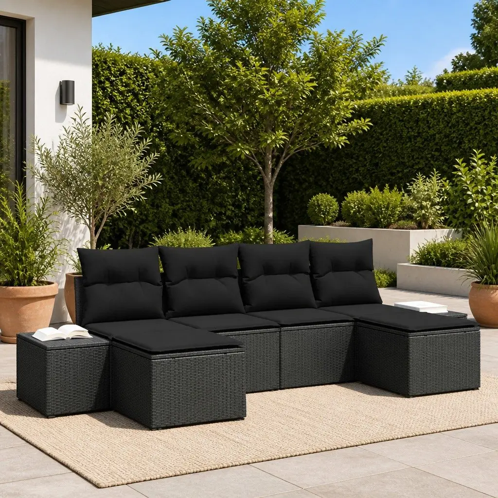 Outdoor Furniture Set Modular 4 Piece Black Poly Rattan with Cushions