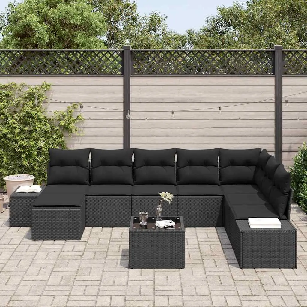 Modular Outdoor Furniture 8 Piece Black Poly Rattan Garden Sofa Set with Height Adjustable Table and Storage Compartments