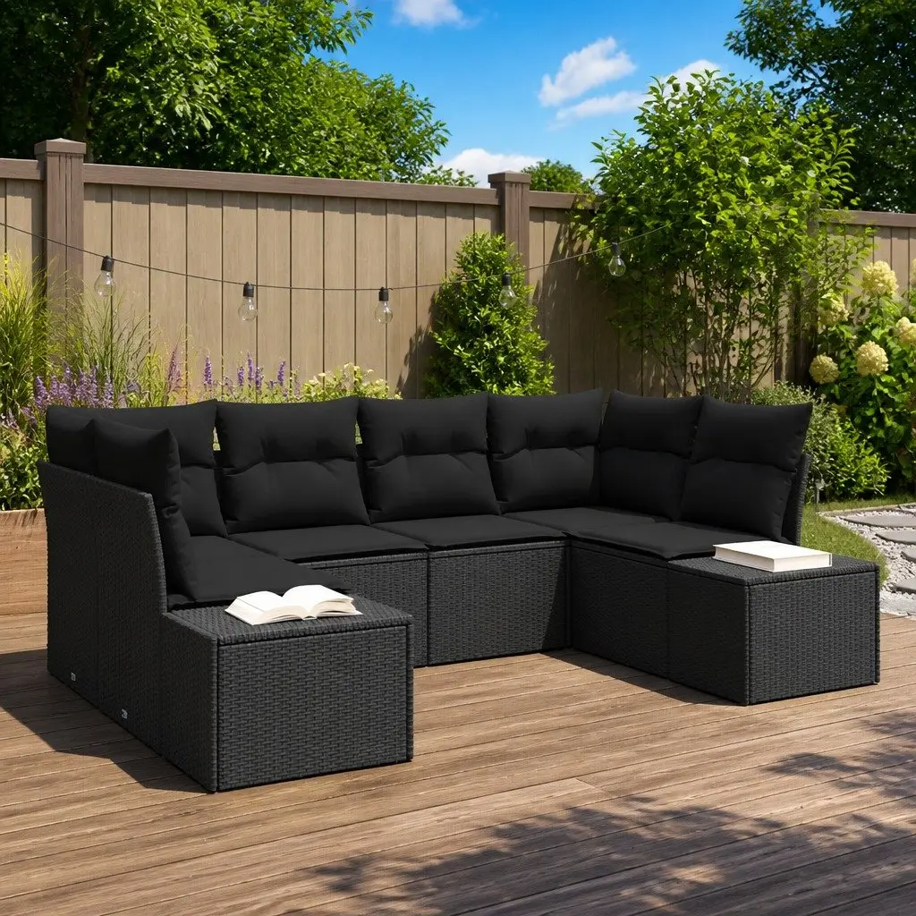 Modular Black Poly Rattan 6 Piece Garden Sofa Set with Storage for Outdoor Seating